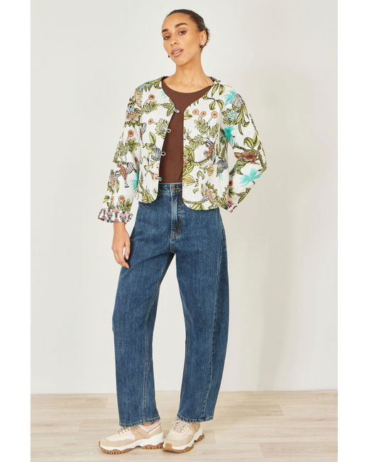 Yumi' Blue Botanical Print Reversible Cotton Quilted Jacket