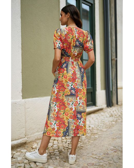 Yumi' Multicolor Multicolour Floral Patchwork Print Midi Shirt Dress