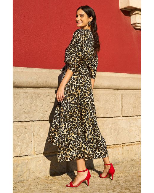 Yumi' Natural Leopard Midi Wrap Dress With Kimono Sleeves