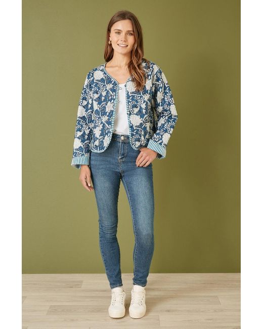 Yumi' Blue Patchwork Print Reversible Cotton Quilted Jacket