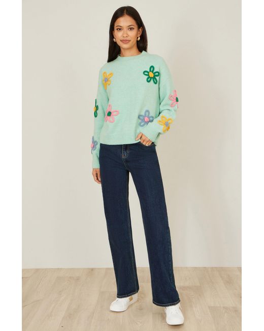 Yumi' Green Relaxed Flower Embroidered Jumper