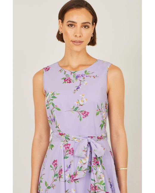 Yumi' Purple Floral Print Midi Skater Dress