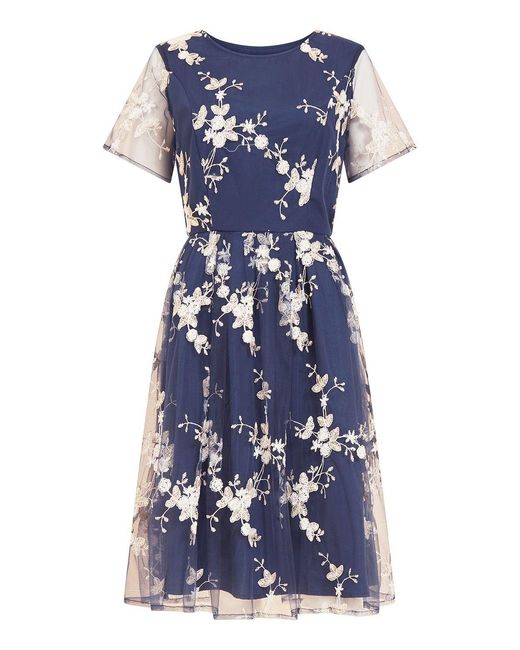 Yumi' Blue Embroidered Floral Skater Dress