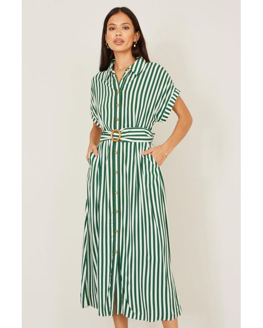 Yumi' Green Stripe Print Relaxed Midi Shirt Dress With Belt