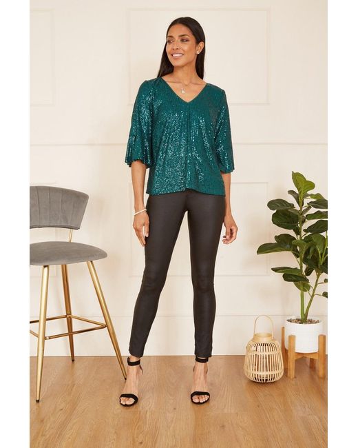 Yumi' Green Sequin Fluted Sleeve Party Top
