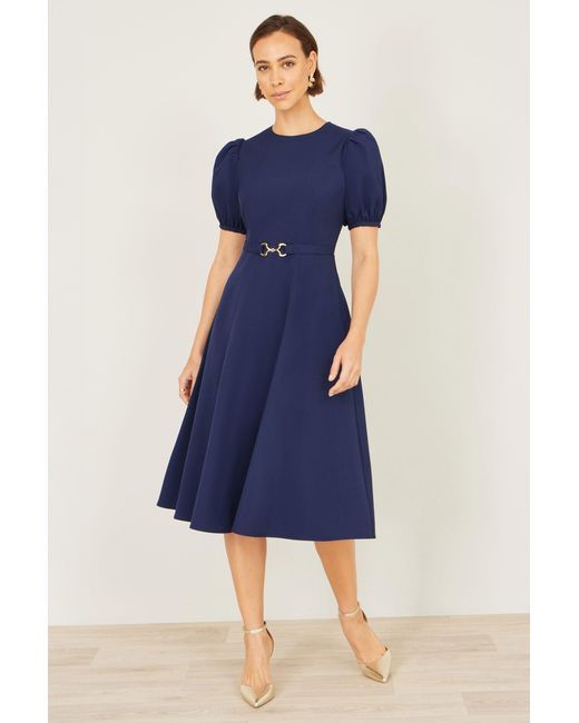 Yumi' Blue Skater Dress With Puff Sleeves And Buckle Detail