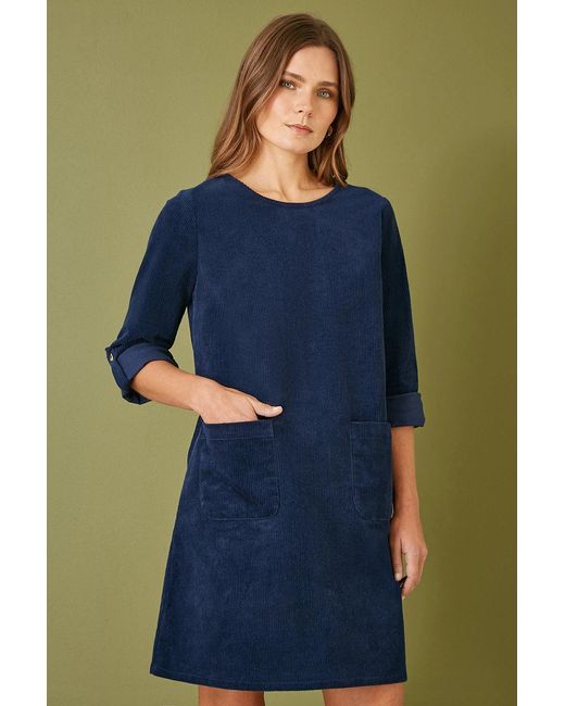 Yumi' Green Cord Tunic Dress With 3/4 Sleeves And Pockets