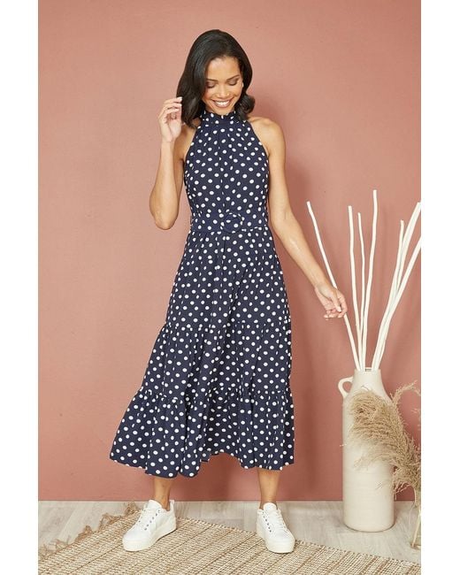 Yumi' Blue Spot Print Halter Midi Dress With Matching Belt