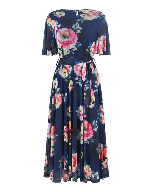 Yumi' Blue Mesh Floral Print Midi Dress With Angel Sleeves