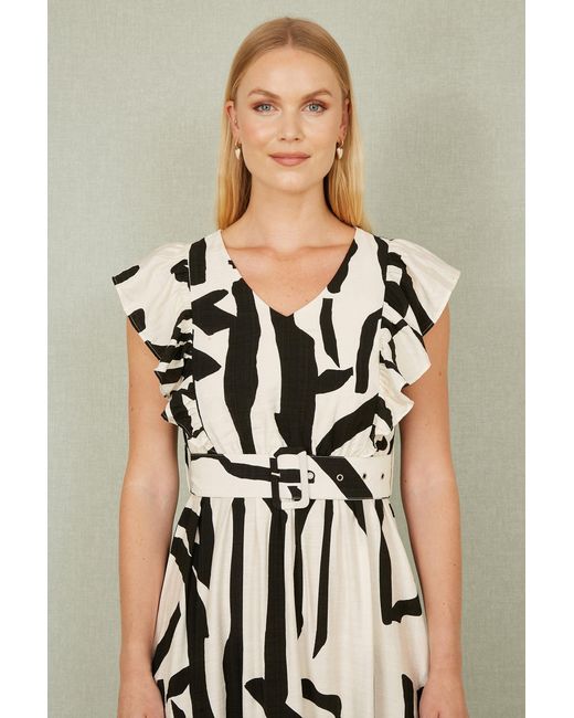 Yumi' White Ivory Abstract Print Viscose Midi Dress With Matching Belt