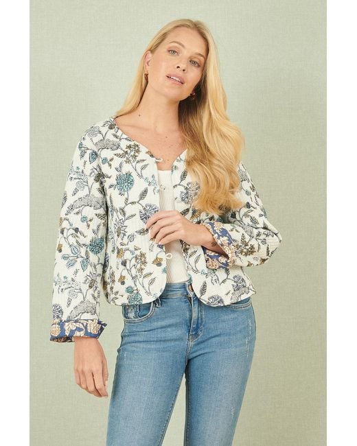 Yumi' Blue Floral Reversible Cotton Quilted Jacket