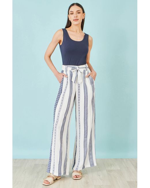 Yumi' Blue Linen Mix Cropped Trousers With Tie Belt