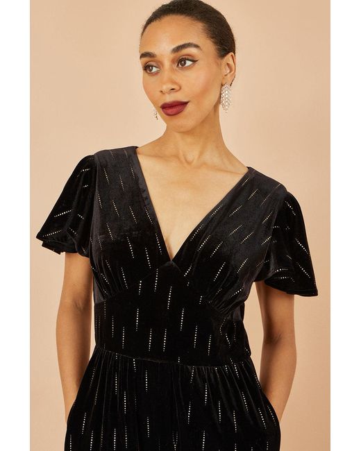 Yumi' Black Foil Print Velvet Jumpsuit