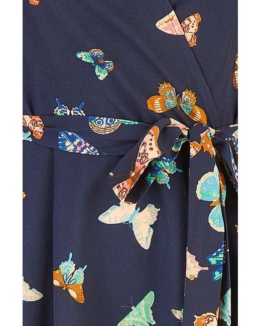 Yumi' Blue Butterfly Print Dip Hem Midi Wrap Dress