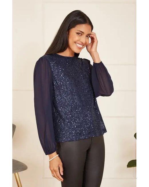 Yumi' Blue Sequin Top With Sheer Sleeves