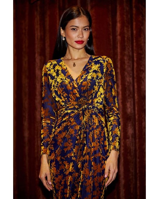 Yumi' Brown Velour Stretch Midi Dress With Long Sleeves