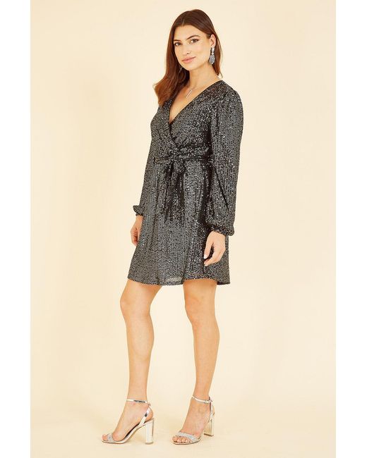 Mela Gray Sequin Belted Wrap Long Sleeve Dress