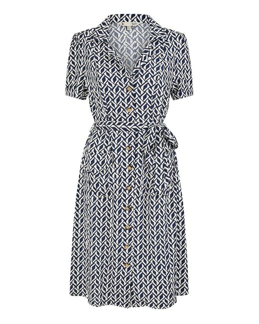 Yumi' Blue Geo Print Retro Style Shirt Dress