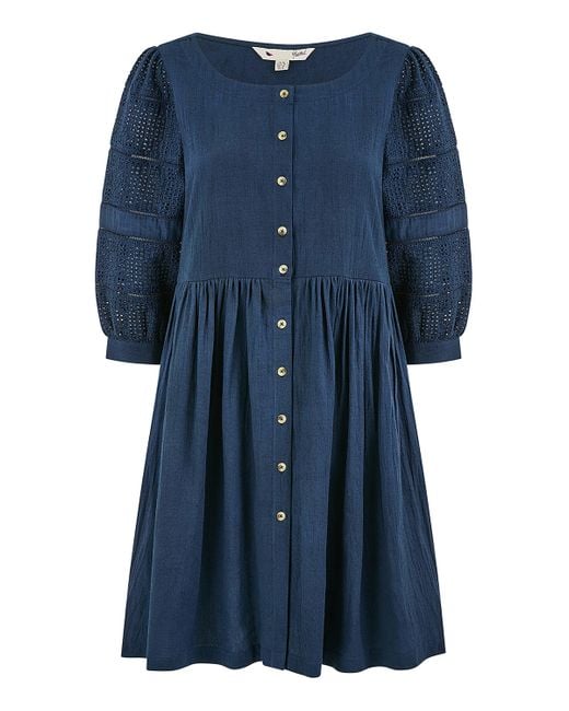 Yumi' Blue Cotton Tunic With Broderie Anglaise Puff Sleeves