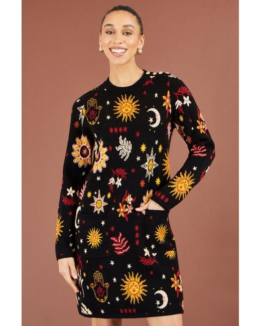 Yumi' Black Cosmic Intarsia Knitted Tunic Dress