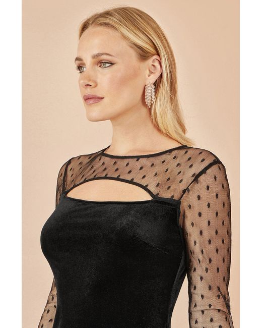 Yumi' Natural Velvet Midi Dress With Slash Neckline And Sheer Sleeves