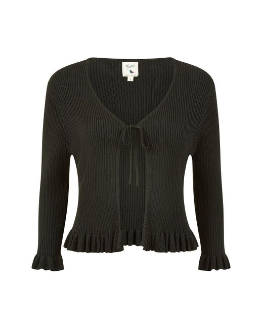 Yumi' Black Tie Up Ribbed Cardigan With Frill Hem