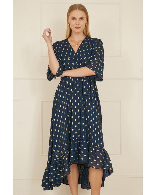 Yumi' Blue Foil Print Wrap Dip Hem Dress