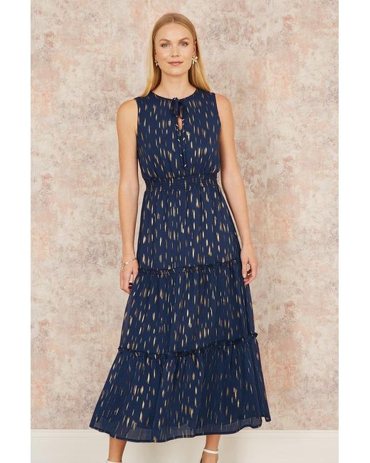 Yumi' Blue Foil Print Ruched Waist Midi Dress With Tie Notch Neckline
