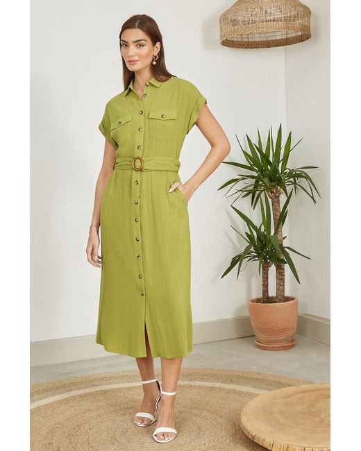 Yumi' Green Viscose Linen Look Midi Shirt Dress With Wooden Belt