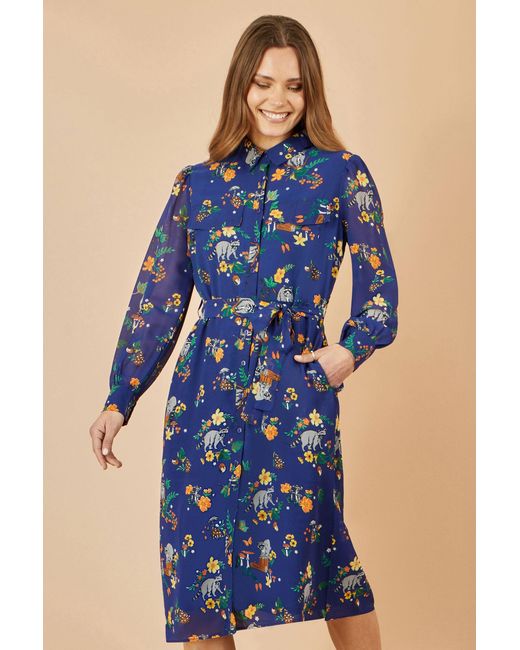 Yumi' Blue Recycled Raccoon Print Shirt Midi Dress