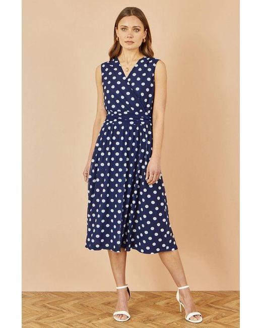 Yumi' Blue Polka Dot Mesh Wrap Skater Dress With Pockets