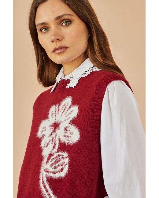 Yumi' Red Knitted Flower Sleeveless Jumper Vest
