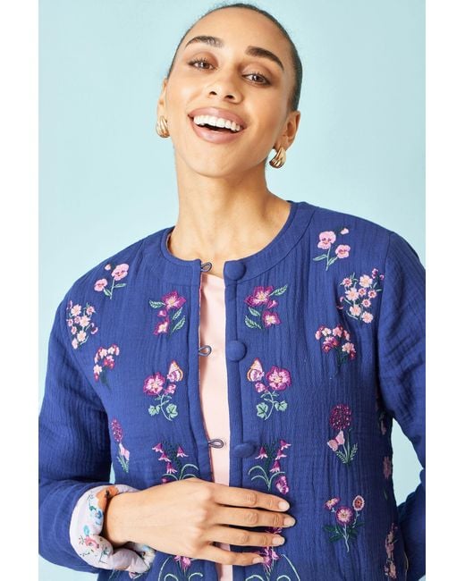 Yumi' Blue Floral Embroidery Cotton Jacket
