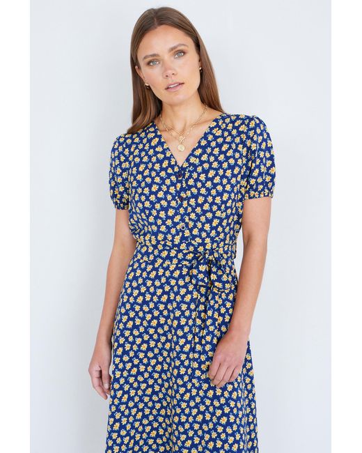 Yumi' Blue Floral Midi Shirt Dress