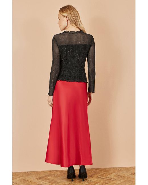 Yumi' Red Satin Midi Skirt