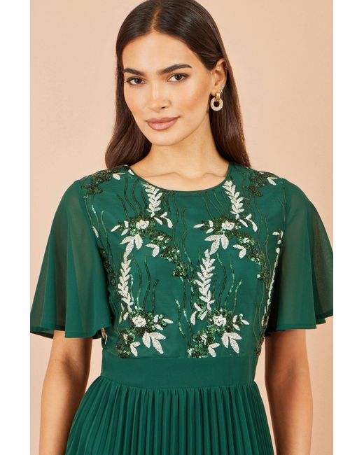 Yumi' Green Sequin Embroidered Pleated Midi Dress