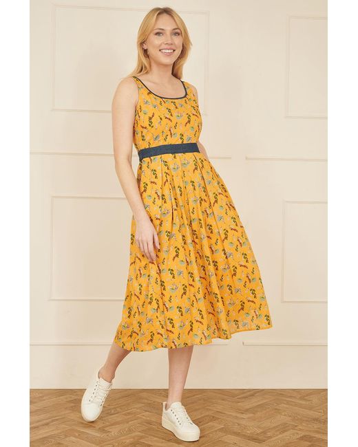 Yumi' Yellow Floral Skater Dress With Denim Trims