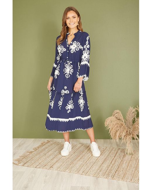 Yumi' Blue Viscose Midi Dress With Long Sleeves