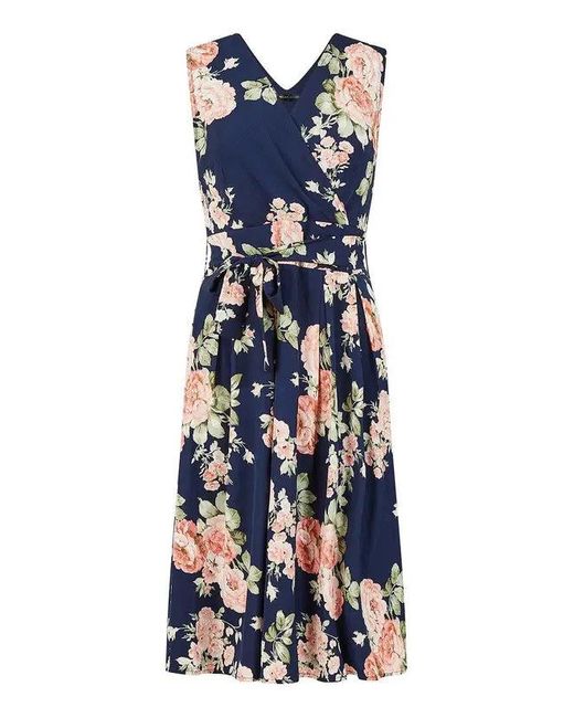 Mela Blue Rose Printed Wrap Over Sleeveless Skater Dress