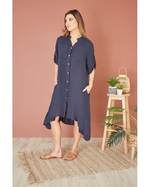 Yumi' Blue Italian Linen Shirt Dress With Frill Hem