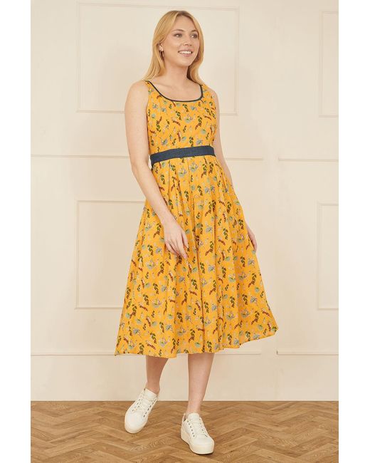 Yumi' Yellow Floral Skater Dress With Denim Trims