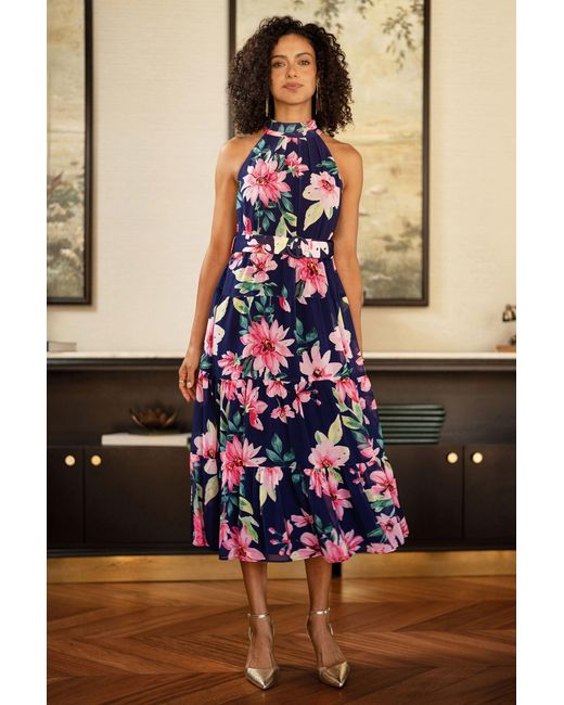 Yumi' Blue Floral Halter Neck Midi Dress With Matching Belt