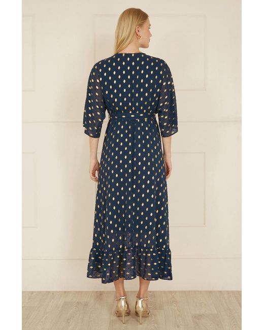 Yumi' Blue Foil Print Wrap Dip Hem Dress