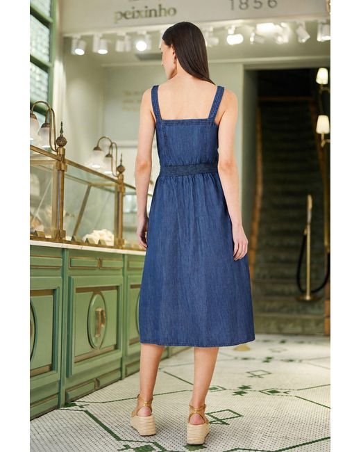 Yumi' Blue Chambray Cotton Ruched Midi Sun Dress