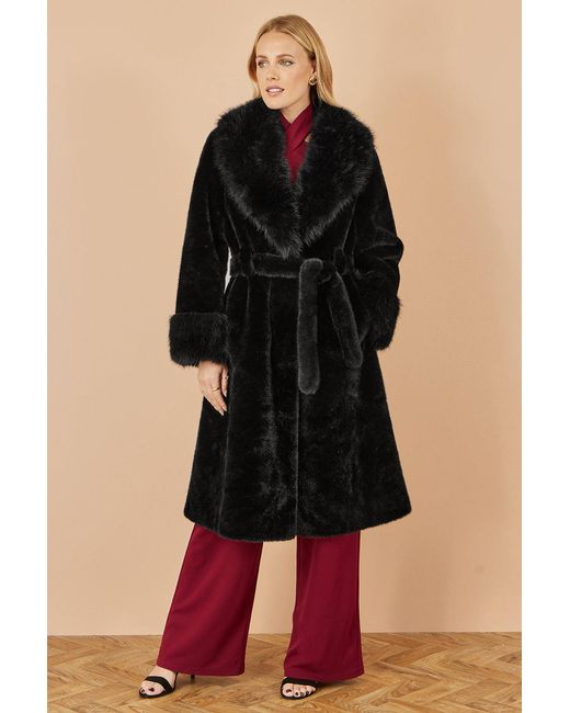Yumi' Black Wrap Faux Fur Coat With Oversize Collar