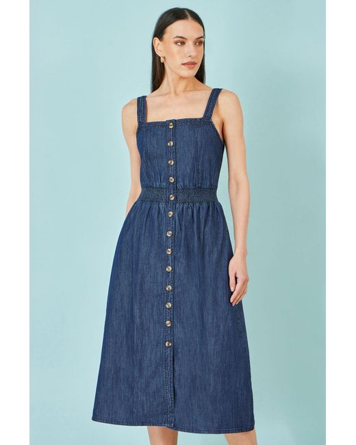 Yumi' Blue Chambray Cotton Ruched Midi Sun Dress