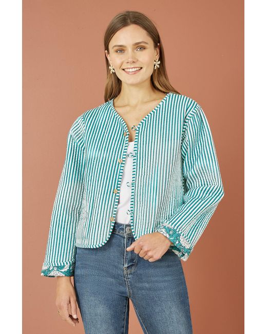 Yumi' Blue Patchwork Print Reversible Cotton Quilted Jacket