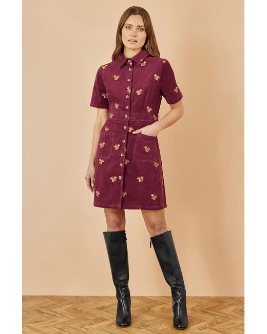 Yumi' Red Cord Shirt Dress With All Over Squirrel Embroidery