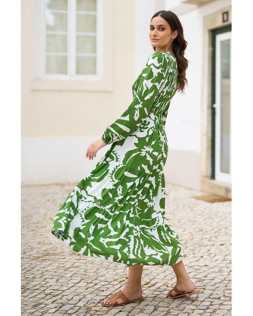 Yumi' Green Abstract Print Ruched Midi Dress With Long Sleeves
