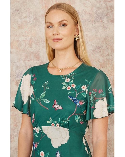 Yumi' Green Mesh Bird And Floral Print Midi Dress With Ruffles